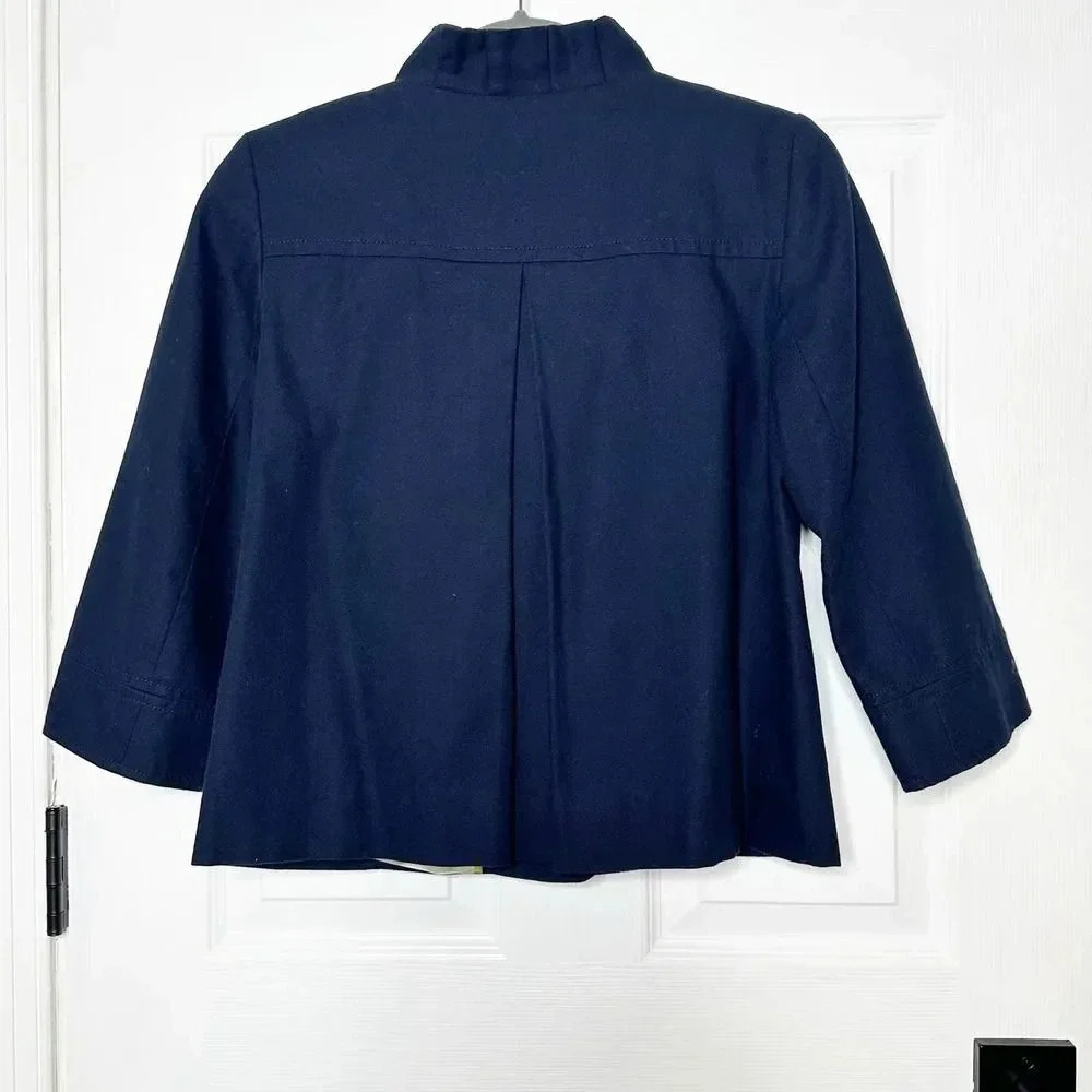 J. CREW Size 2 Atelier Canvas Ruffle Neck 3/4 Sleeve Jacket Navy Blue - Picture 7 of 7